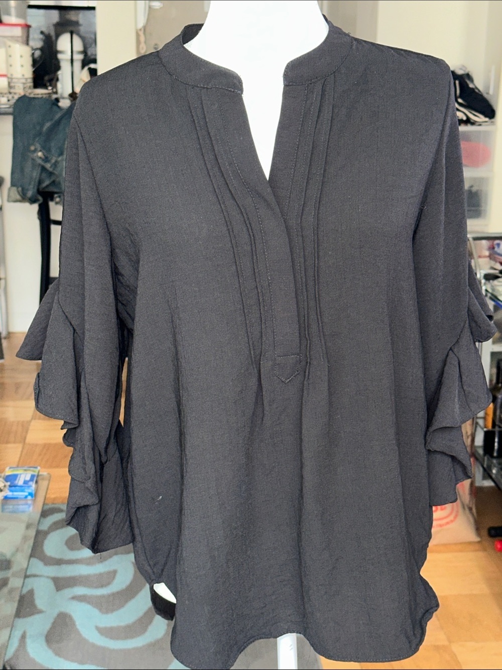 Vince Camino Woman’s Black Ruffle Sleeve Tunic Top